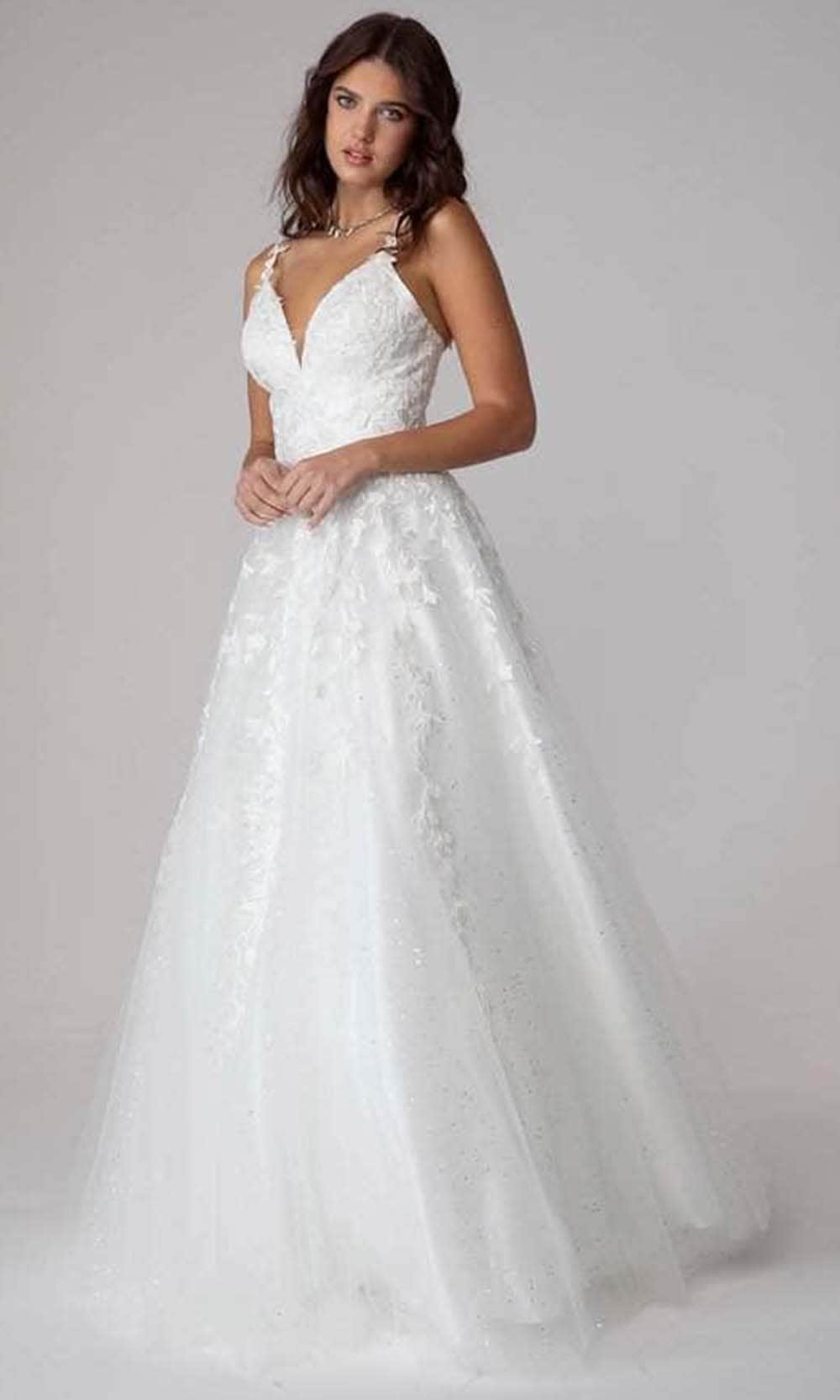 Eureka Fashion 9858 - Embroidered Sleeveless V-neck Long Gown Prom Dresses XS / Off White