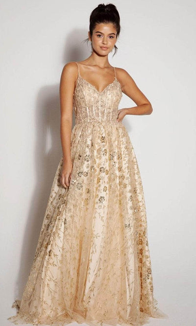 Eureka Fashion 9908 - V-Neck Sheer Corset Prom Gown Prom Dresses XS / Champagne/Gold