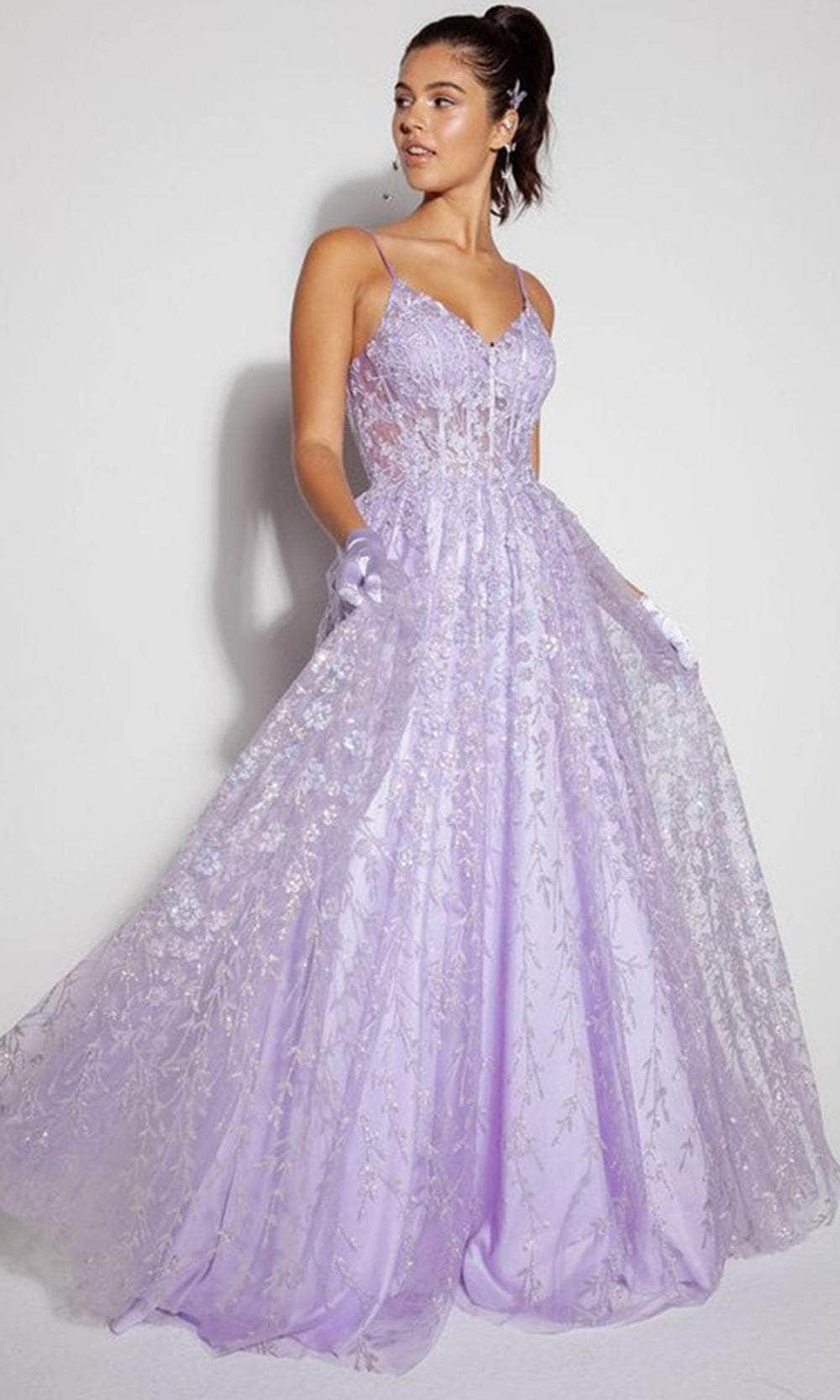 Eureka Fashion 9908 - V-Neck Sheer Corset Prom Gown Prom Dresses XS / Lilac/Silver