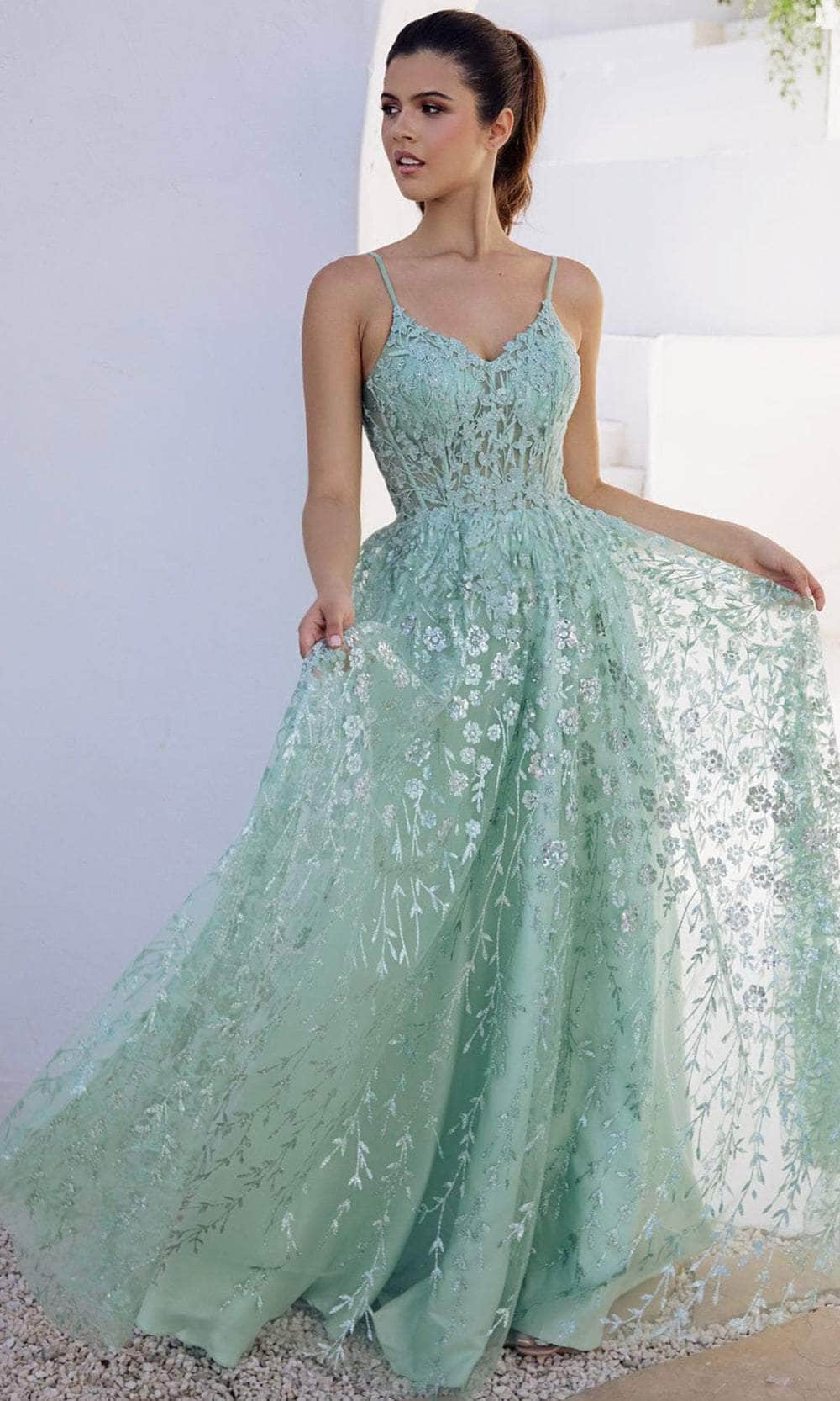 Eureka Fashion 9908 - V-Neck Sheer Corset Prom Gown Prom Dresses XS / Sage/Silver