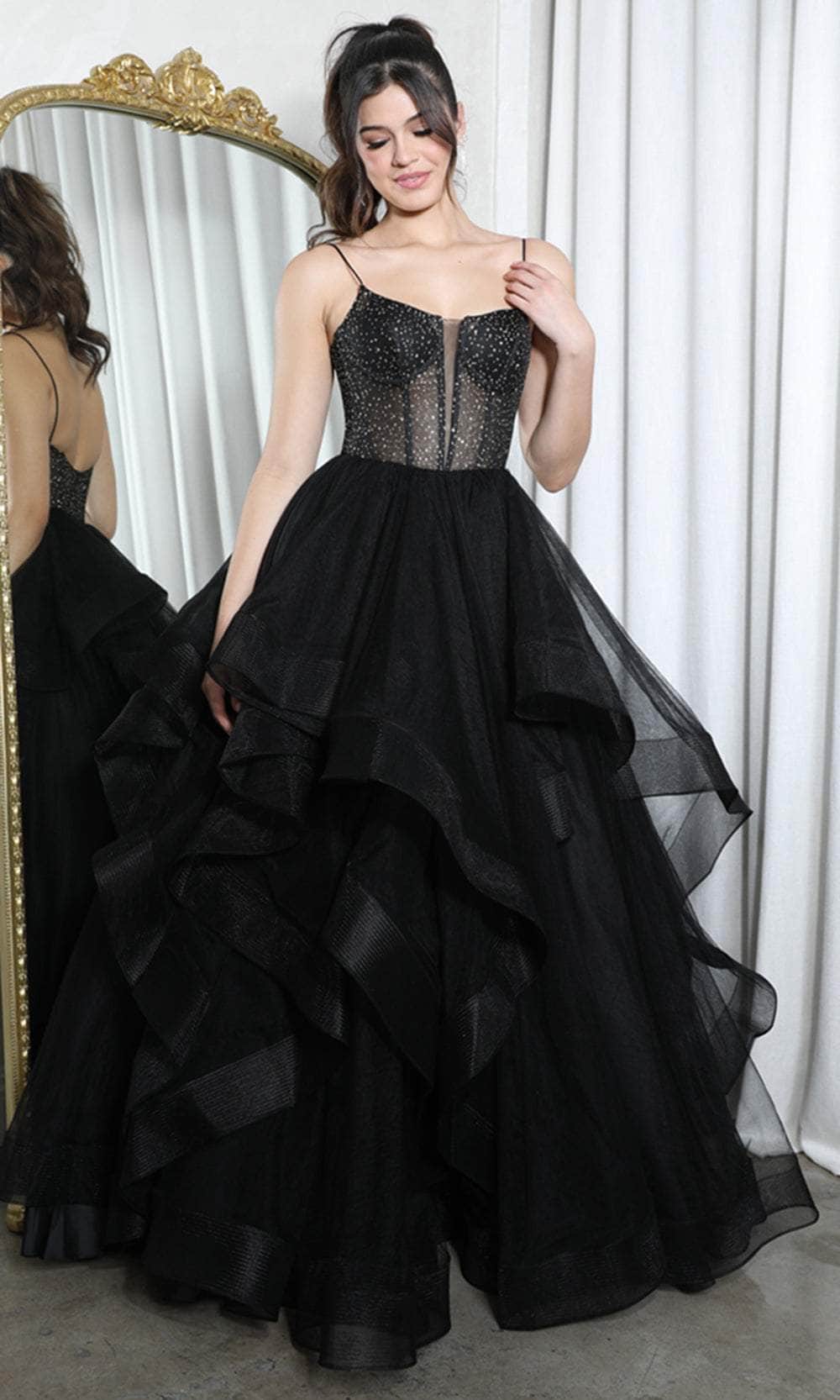 Eureka Fashion 9950 - V-Neck Ruffled Prom Ballgown Special Occasion Dresses XS / Black