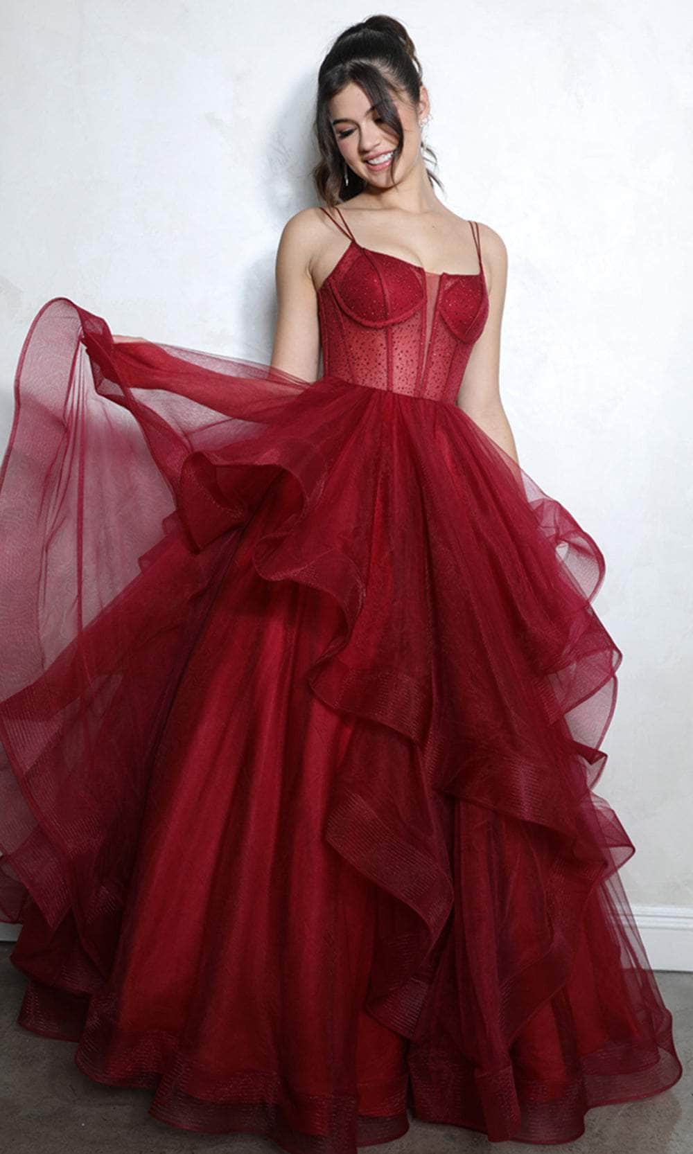 Eureka Fashion 9950 - V-Neck Ruffled Prom Ballgown Special Occasion Dresses XS / Burgundy