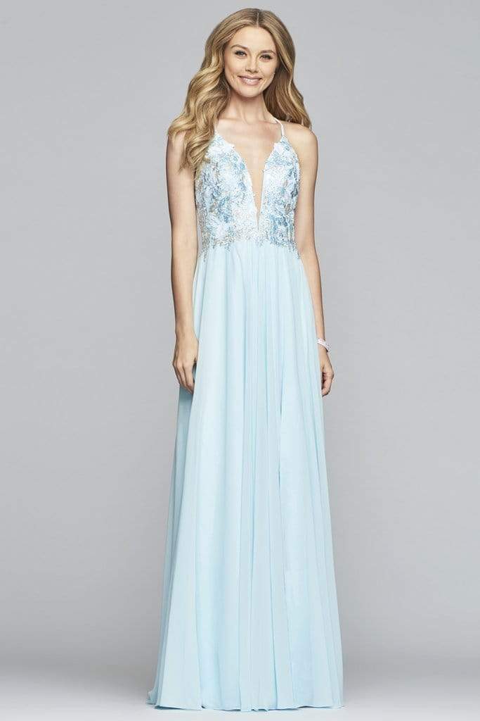 Faviana - 10201 Plunging V Neckline Halter Lace Up Back Gown Bridesmaid Dresses 00 / Ice Blue