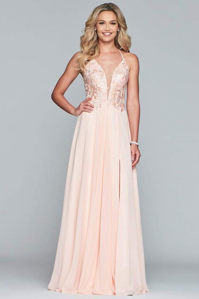 Faviana - 10201 Plunging V Neckline Halter Lace Up Back Gown Bridesmaid Dresses