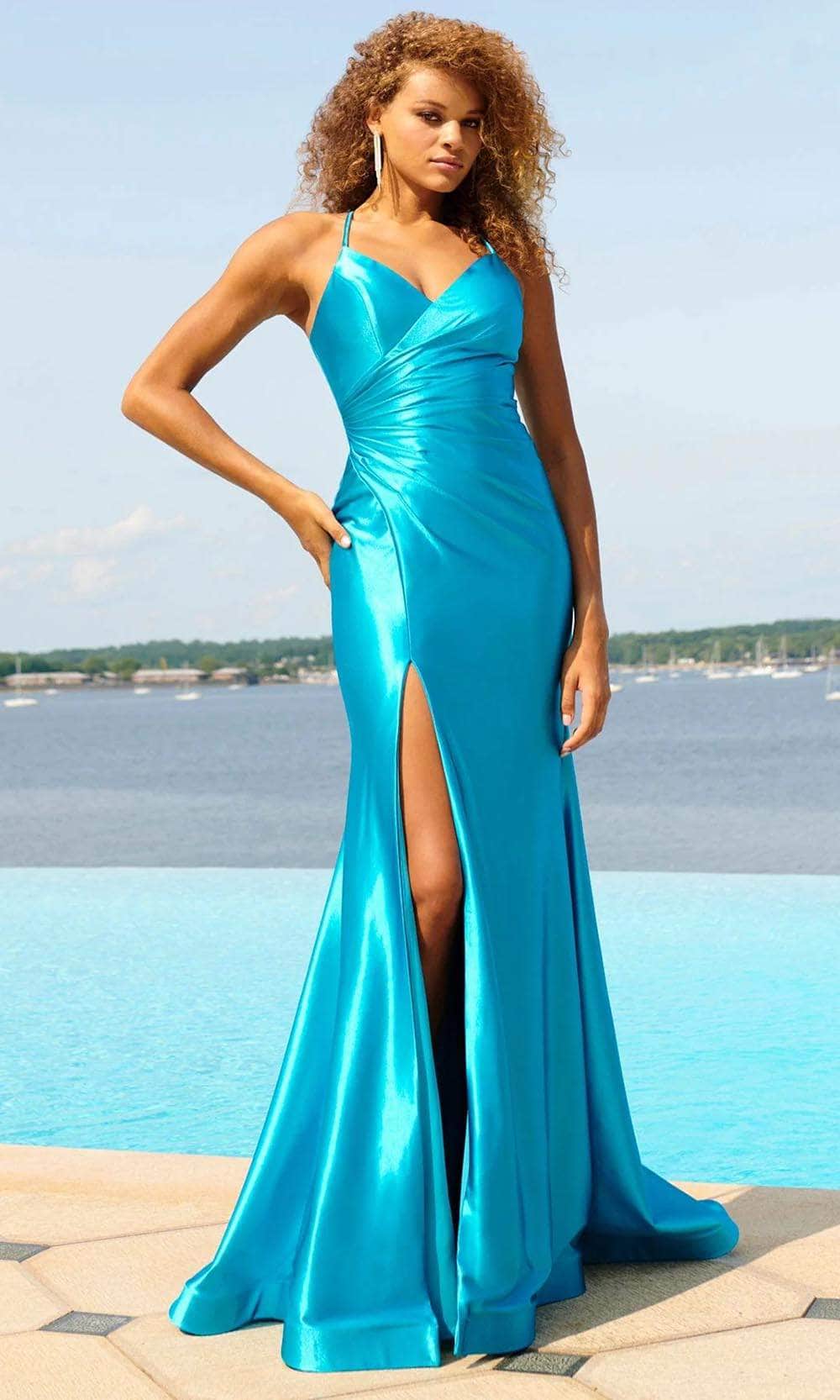 Faviana 11051 Long Formal Slit Evening Prom Dress - Aqua / 00 Faviana 11051 Long Formal Slit Evening Prom Dress - Aqua / 00