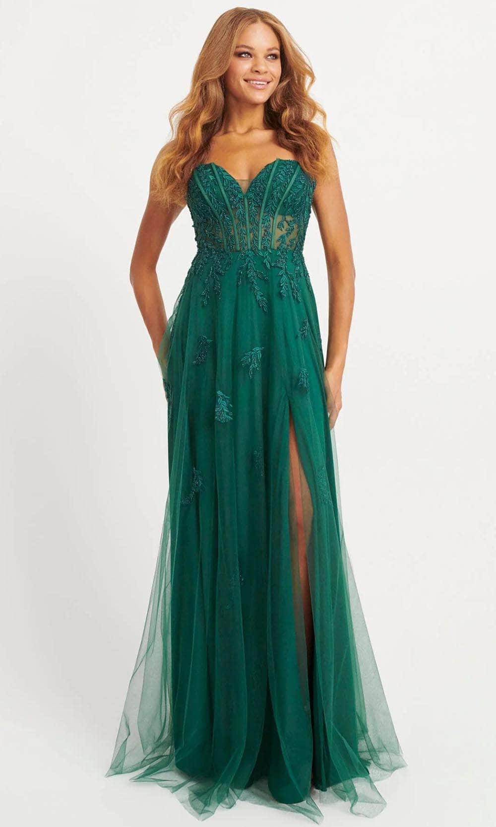 Faviana 11057 - Long Tulle Lace A-Line Dress - Strapless, Beaded, Corset Bodice, Illusion Inset, Lace Appliques, Lace-Up Back, Invisible Zipper And Hook Eye Closure, High Slit, Sweep Train ADASA Faviana 11057 - Long Tulle Lace A-Line Dress - Strapless, Beaded, Corset Bodice, Illusion Inset, Lace Appliques, Lace-Up Back, Invisible Zipper And Hook Eye Closure, High Slit, Sweep Train ADASA