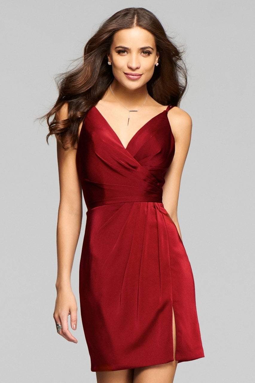 Faviana - 7850 Short Satin V-Neck Cocktail Dress Cocktail Dresses 0 / Wine