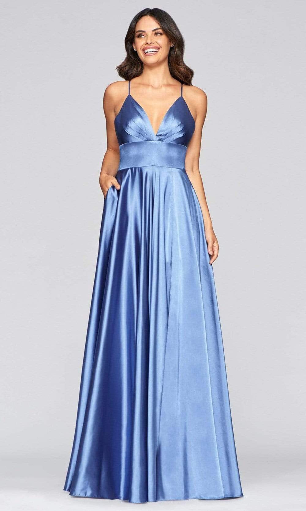 Faviana - S10255 Stretch Matte Satin V-neck A-line Dress Prom Dresses 00 / Steel Blue