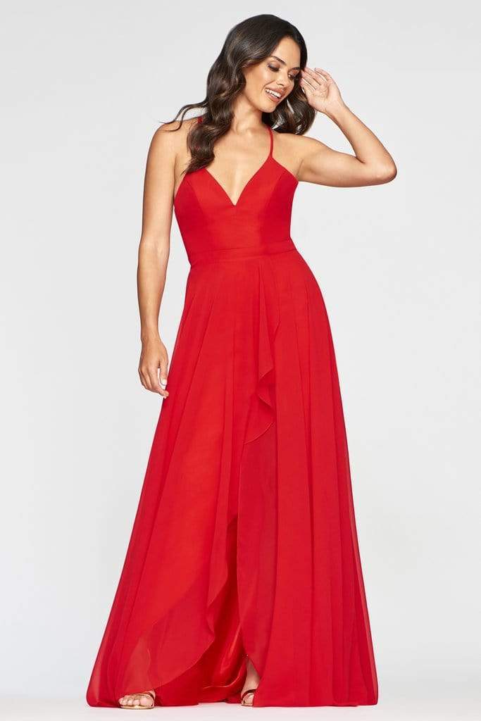 Faviana - S10413 Plunging V-neck Chiffon A-line Dress Prom Dresses 00 / Red