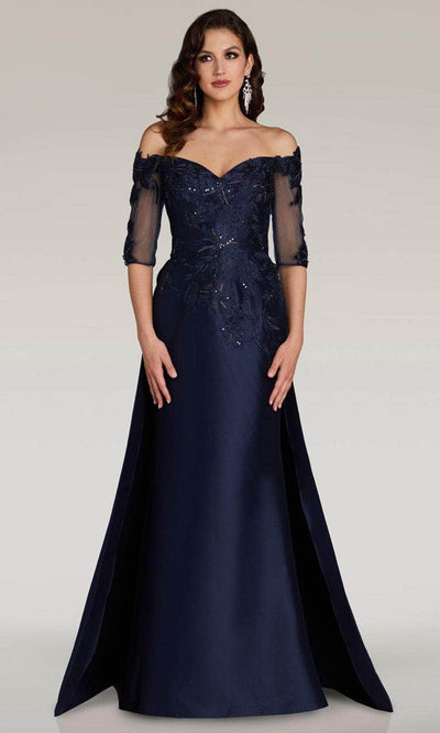 Feriani Couture 18390 - Embroidered Off Shoulder Formal Gown Evening Dresses 2 / Navy