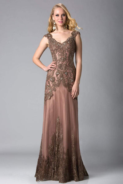Feriani Couture - 18401 Embellished V Neck Lace Evening Gown Special Occasion Dress 2 / Bronze