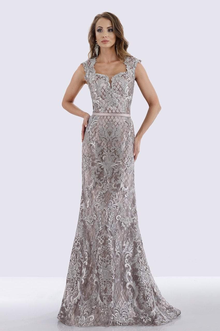 Feriani Couture - Cap Sleeve Square Neck Lattice Sheath Evening Gown 18671 - 1 pc Blush In Size 14 Available CCSALE