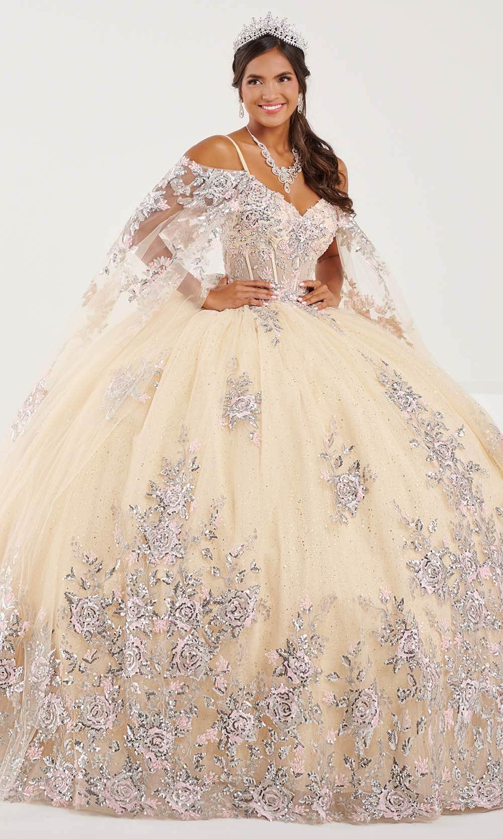 Fiesta Gowns 56491 - Long Lace/Tulle Ballgown - Sleeveless, Floral Embroidery, Lace Applique, Corset Bodice, Spaghetti Straps, Lace-Up Back, Train, Cape ADASA Fiesta Gowns 56491 - Long Lace/Tulle Ballgown - Sleeveless, Floral Embroidery, Lace Applique, Corset Bodice, Spaghetti Straps, Lace-Up Back, Train, Cape ADASA