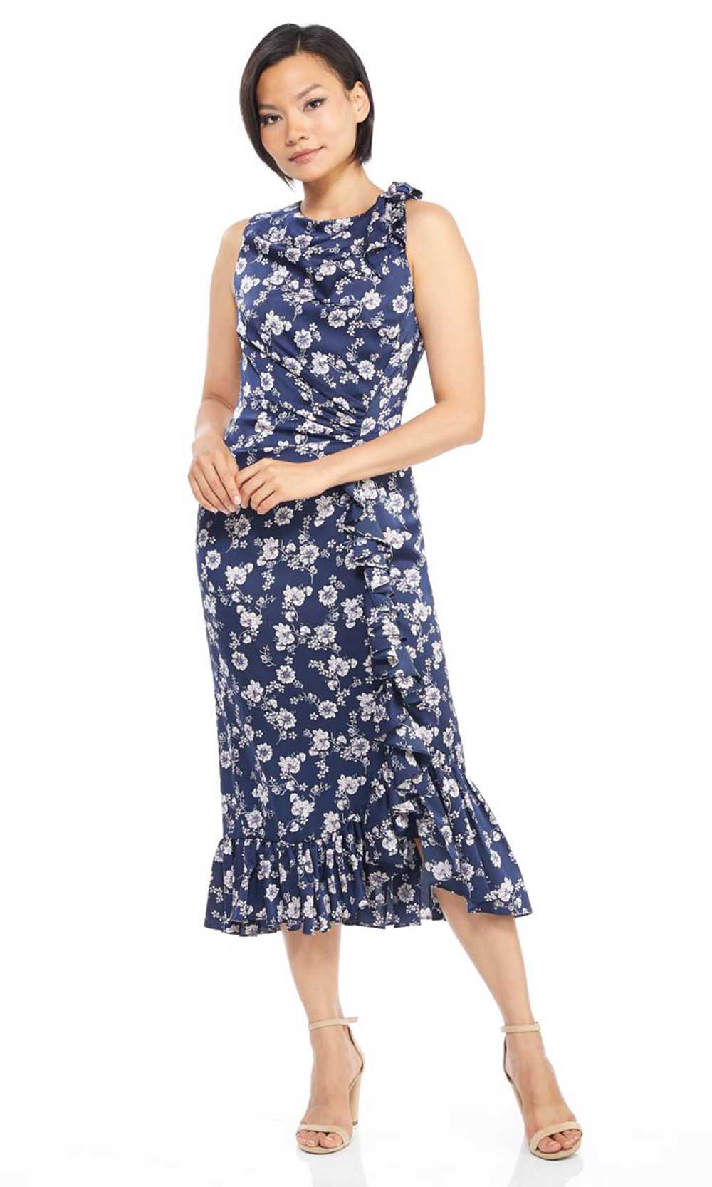 Maggy London - G3910M Tea Length Draped Floral Print Sheath Dress In Blue and Floral