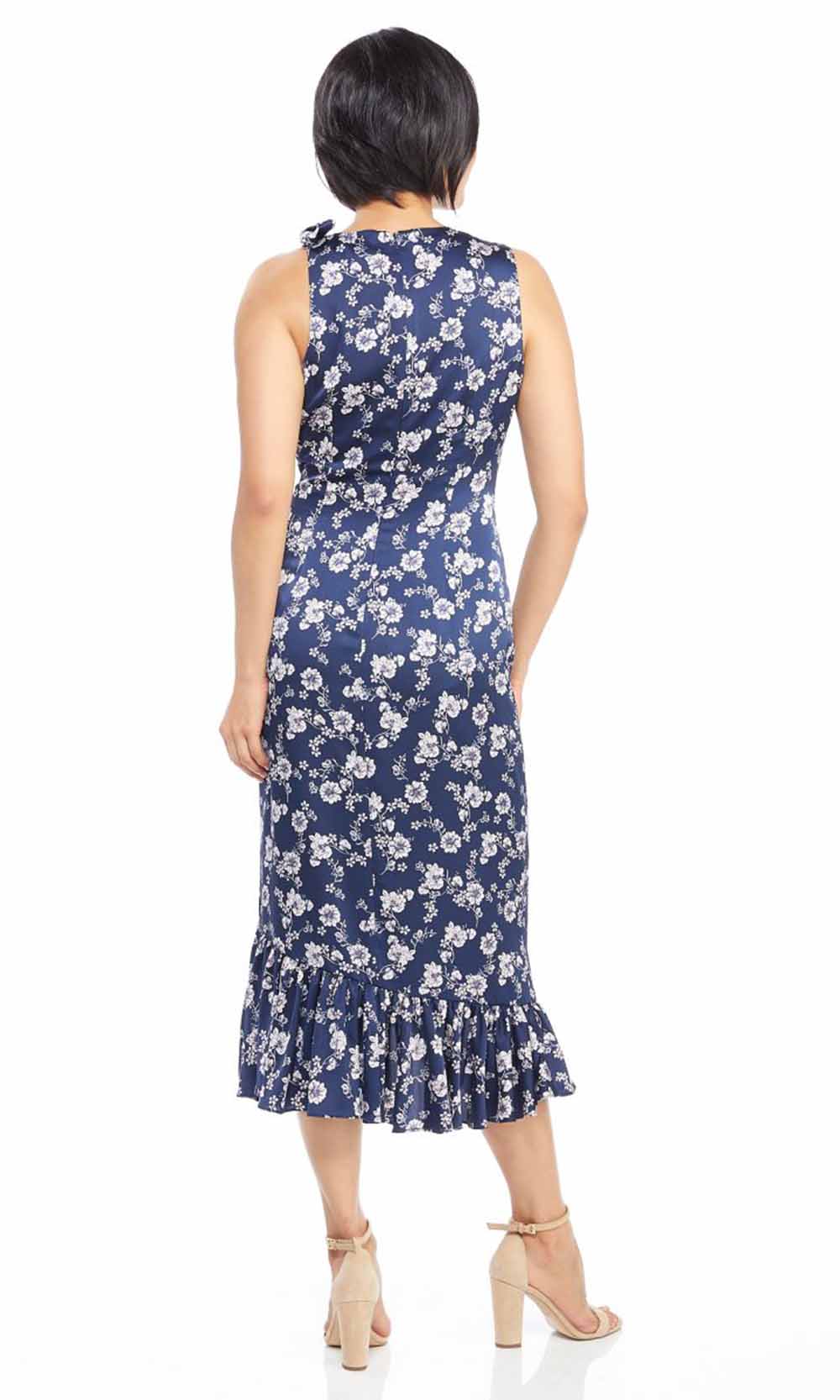 Maggy London - G3910M Tea Length Draped Floral Print Sheath Dress In Blue and Floral