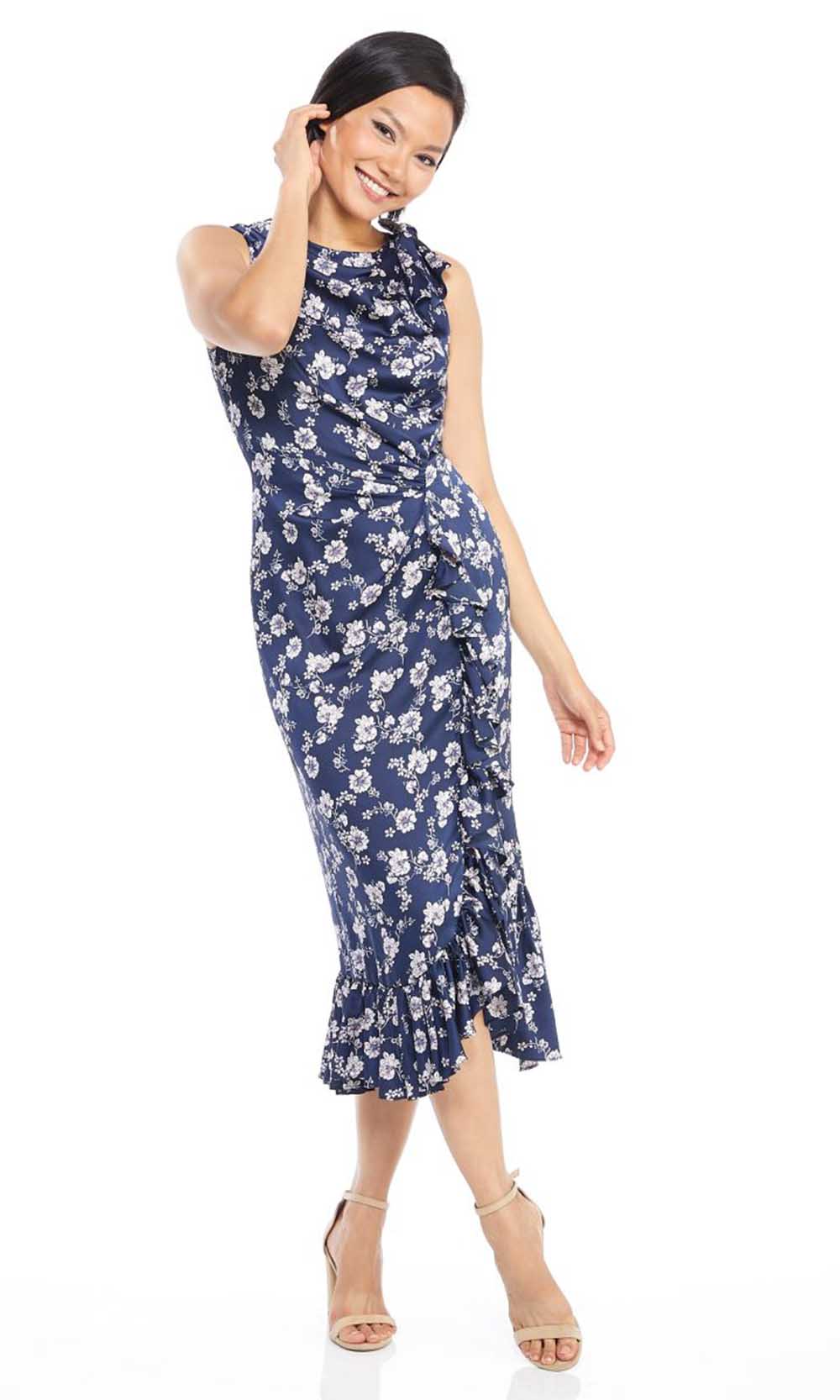 Maggy London - G3910M Tea Length Draped Floral Print Sheath Dress In Blue and Floral