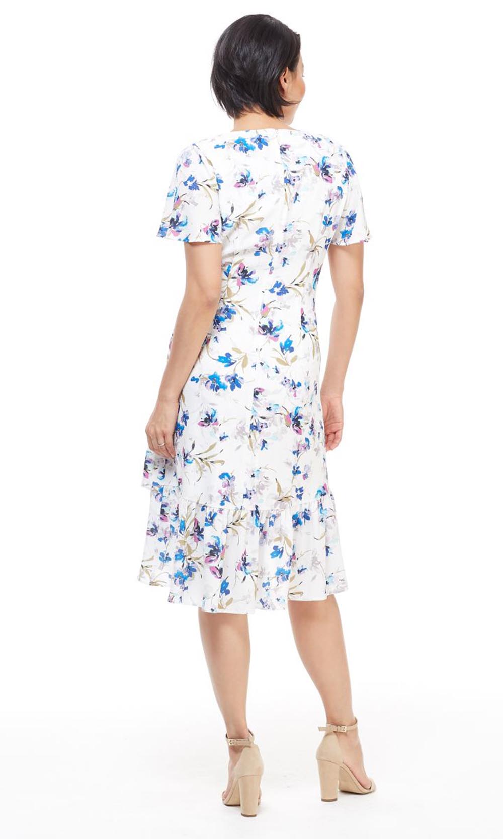 Maggy London - G4059M Flutter Sleeve Floral Print Wrap Skirt Dress In White and Floral