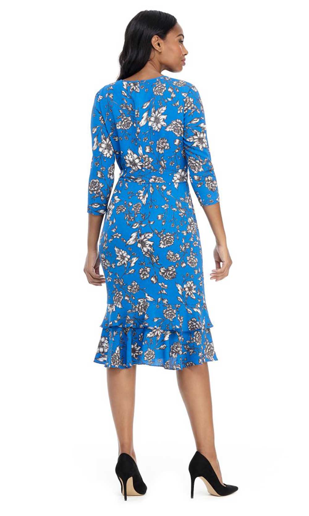 Maggy London - G4282M Quarter Sleeve Floral Ruffle-Tiered Hem Dress In Blue and Floral