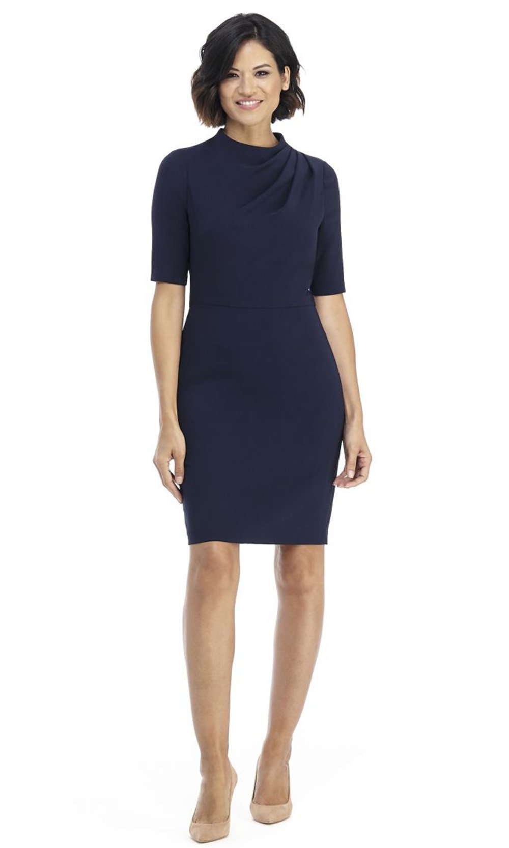 Maggy London G4288M - Knee-Length Sheath Dress - Elbow Sleeves, Asymmetric Drapes, Full Back, Back Zipper Closure, Knee Length Hem ADASA Maggy London G4288M - Knee-Length Sheath Dress - Elbow Sleeves, Asymmetric Drapes, Full Back, Back Zipper Closure, Knee Length Hem ADASA