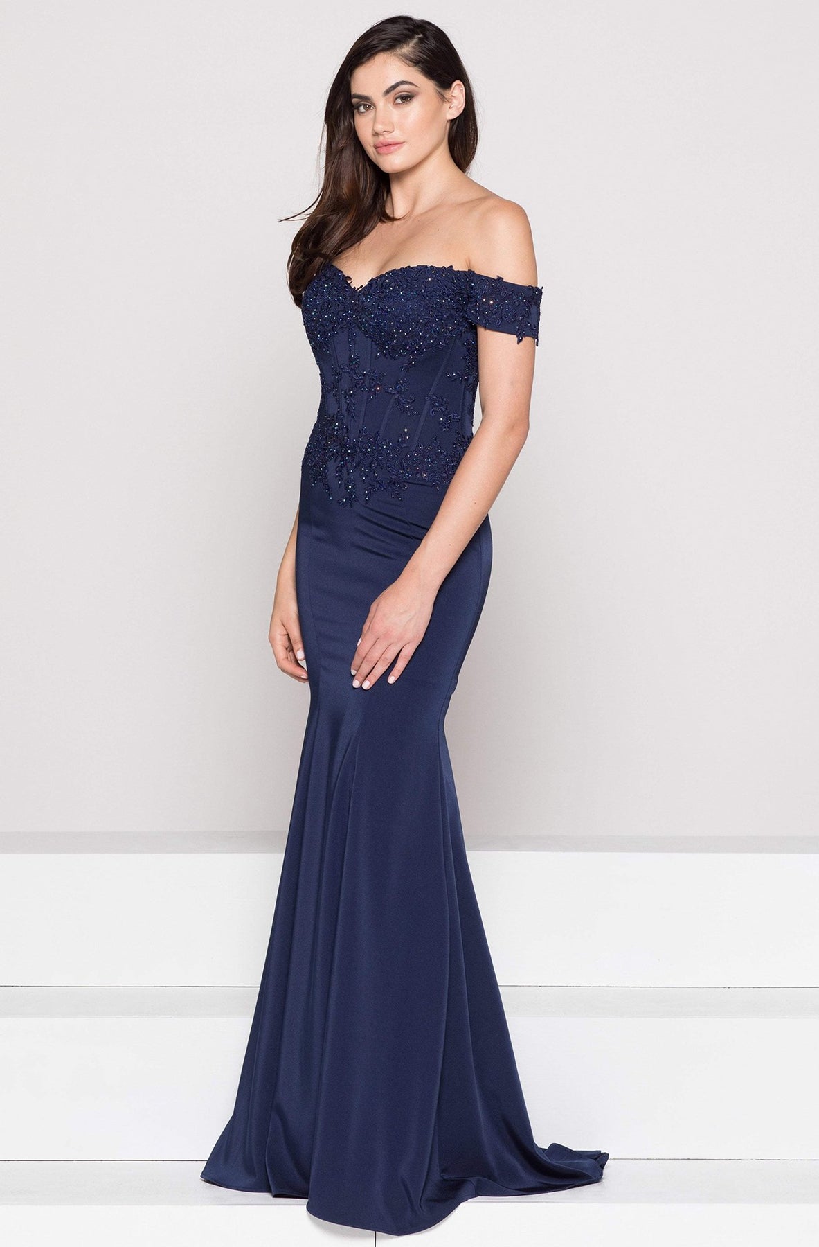 Glow by Colors Off Shoulder Lace Corset Long Gown in Navy