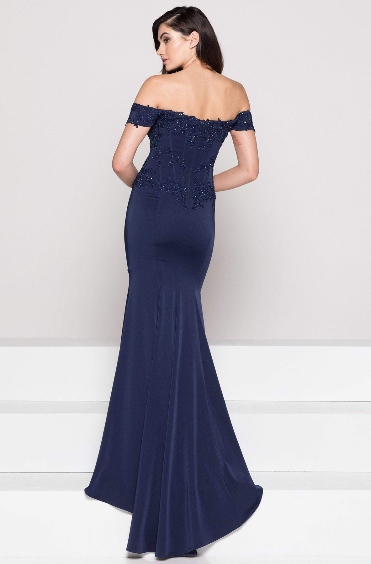 Glow by Colors Off Shoulder Lace Corset Long Gown in Navy