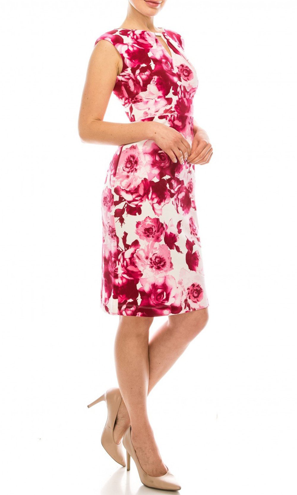 Gabby Skye - 19404M Cutout Neckline Floral Print Sheath Dress In White and Pink