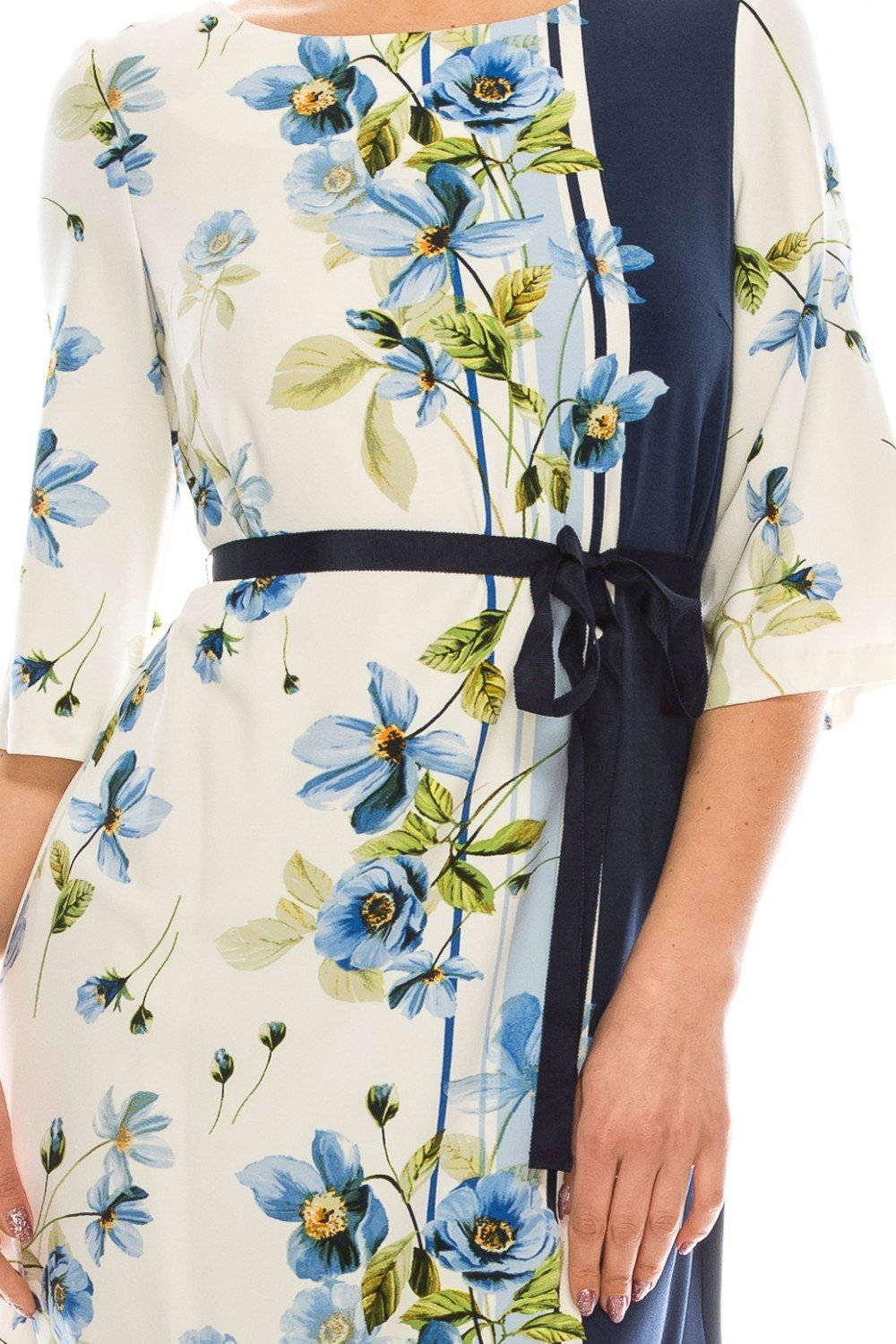 Gabby Skye - 19445M Quarter Length Sleeve Floral Dress In White and Blue