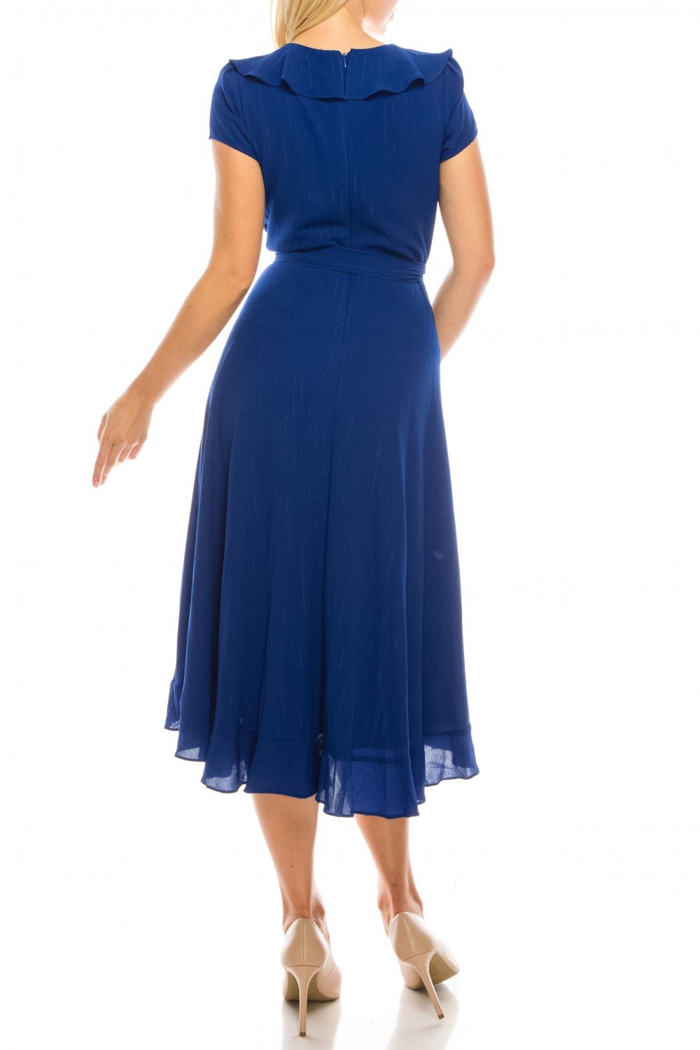 Gabby Skye - 56839MG Short Sleeve Metallic Pinstriped Faux Wrap Dress In Blue