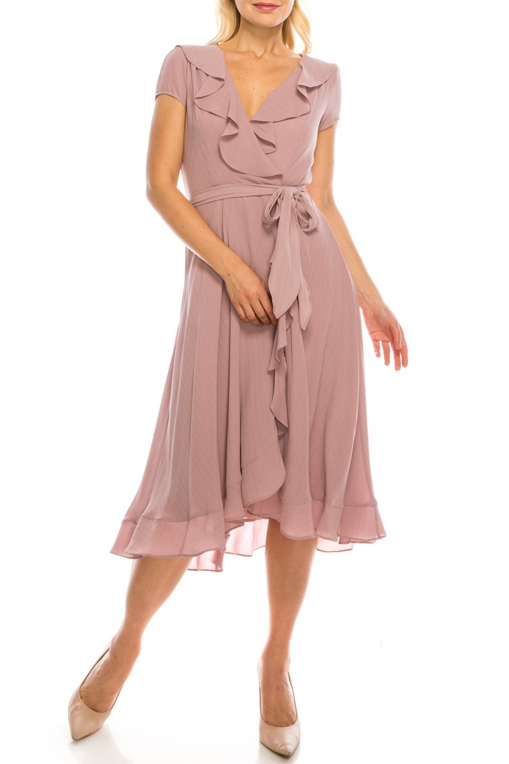 Gabby Skye - 56839MG Short Sleeve Metallic Pinstriped Faux Wrap Dress In Pink