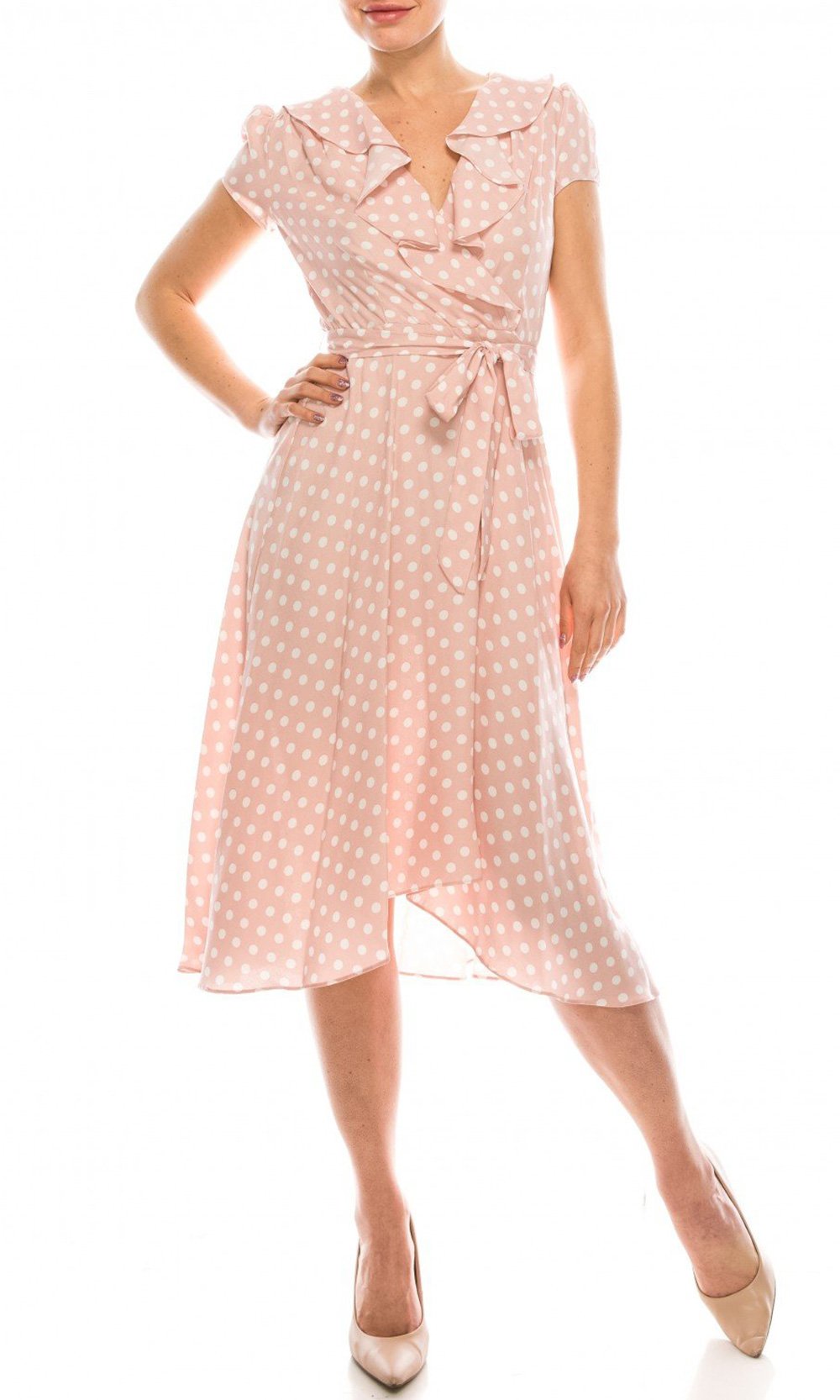 Gabby Skye - Ruffle-Trimmed Polka Dot Wrap Dress 57538MGSC Gabby Skye - Ruffle-Trimmed Polka Dot Wrap Dress 57538MGSC