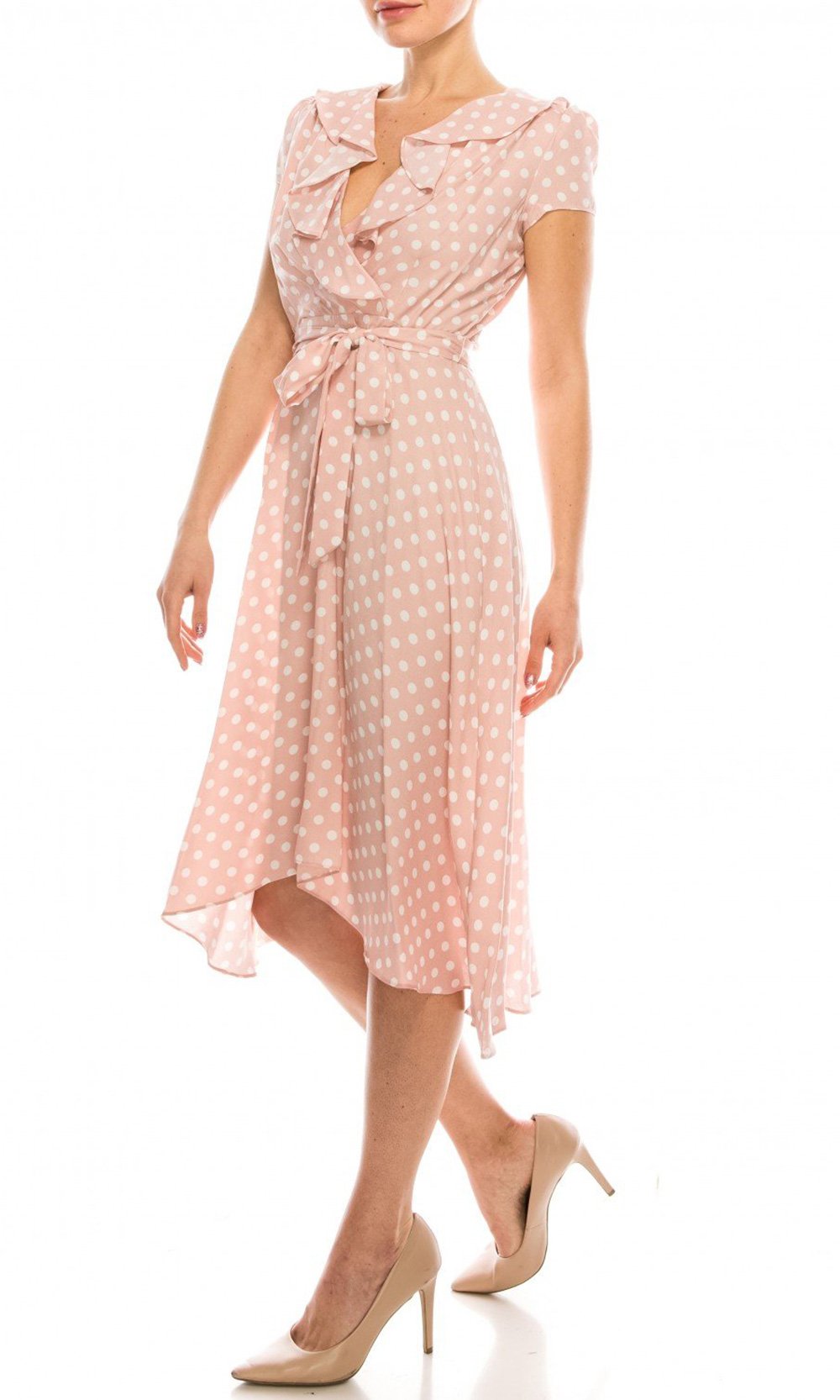 Gabby Skye - 57538MG Polka Dot Ruffle Neckline Faux Wrap Dress In Pink and White