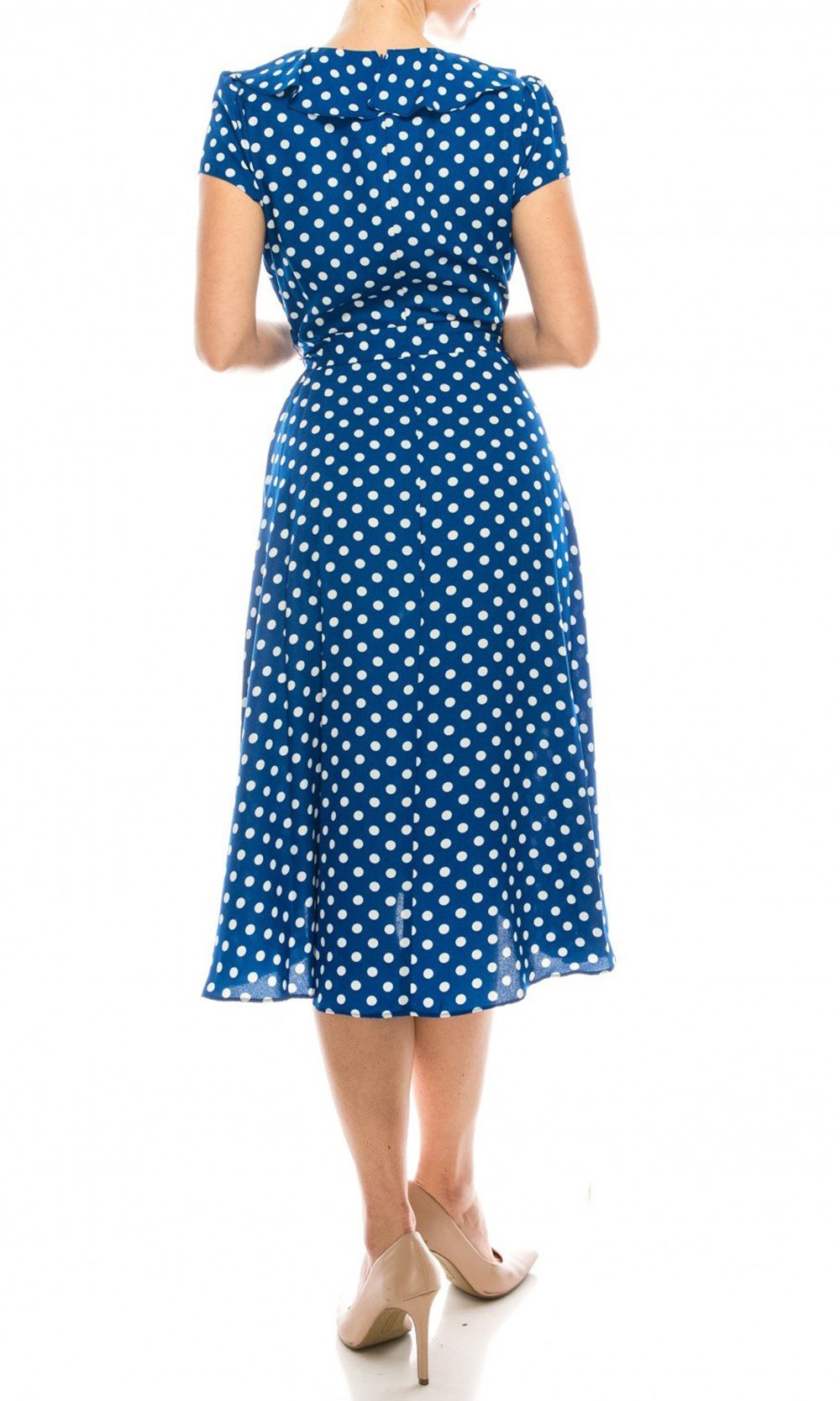 Gabby Skye - 57538MG Polka Dot Ruffle Neckline Faux Wrap Dress In Blue and White
