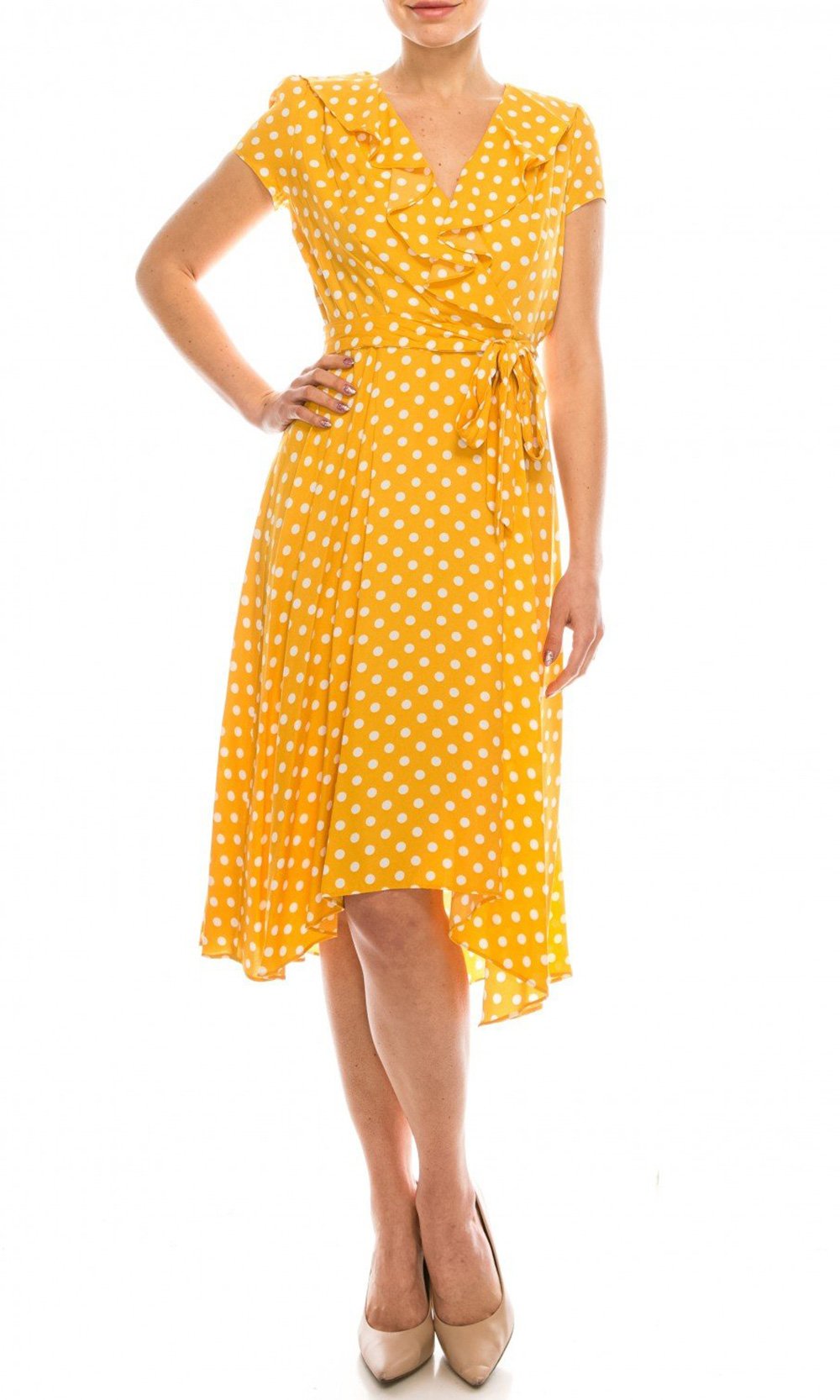 Gabby Skye - 57538MG Polka Dot Ruffle Neckline Faux Wrap Dress In Yellow and White
