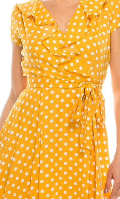 Gabby Skye - 57538MG Polka Dot Ruffle Neckline Faux Wrap Dress In Yellow and White