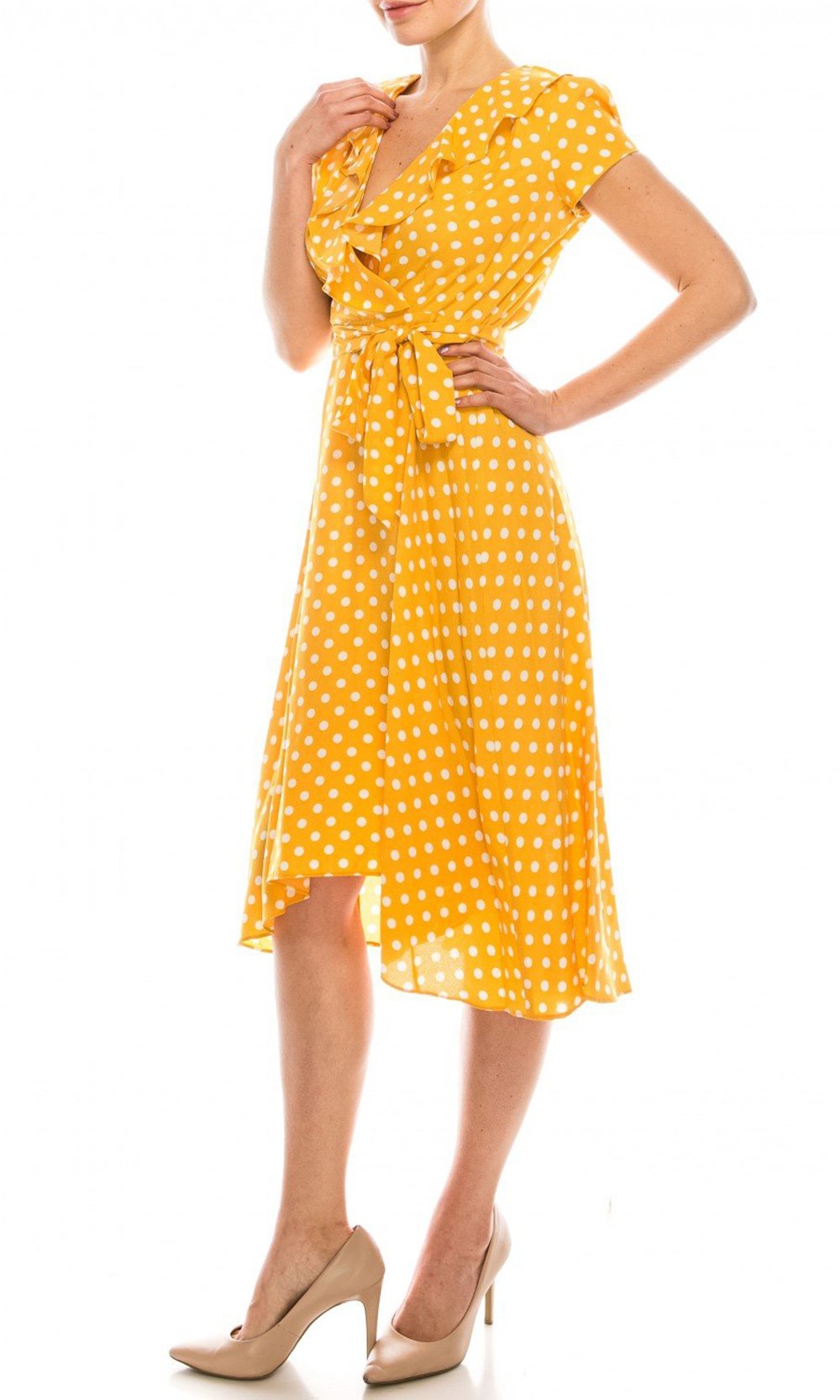 Gabby Skye - 57538MG Polka Dot Ruffle Neckline Faux Wrap Dress In Yellow and White