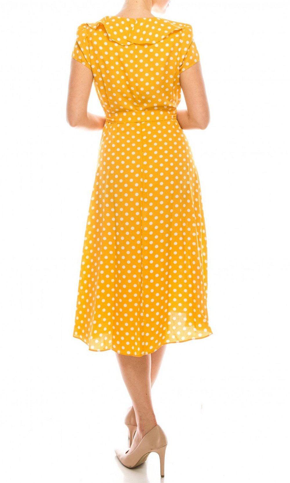 Gabby Skye - 57538MG Polka Dot Ruffle Neckline Faux Wrap Dress In Yellow and White