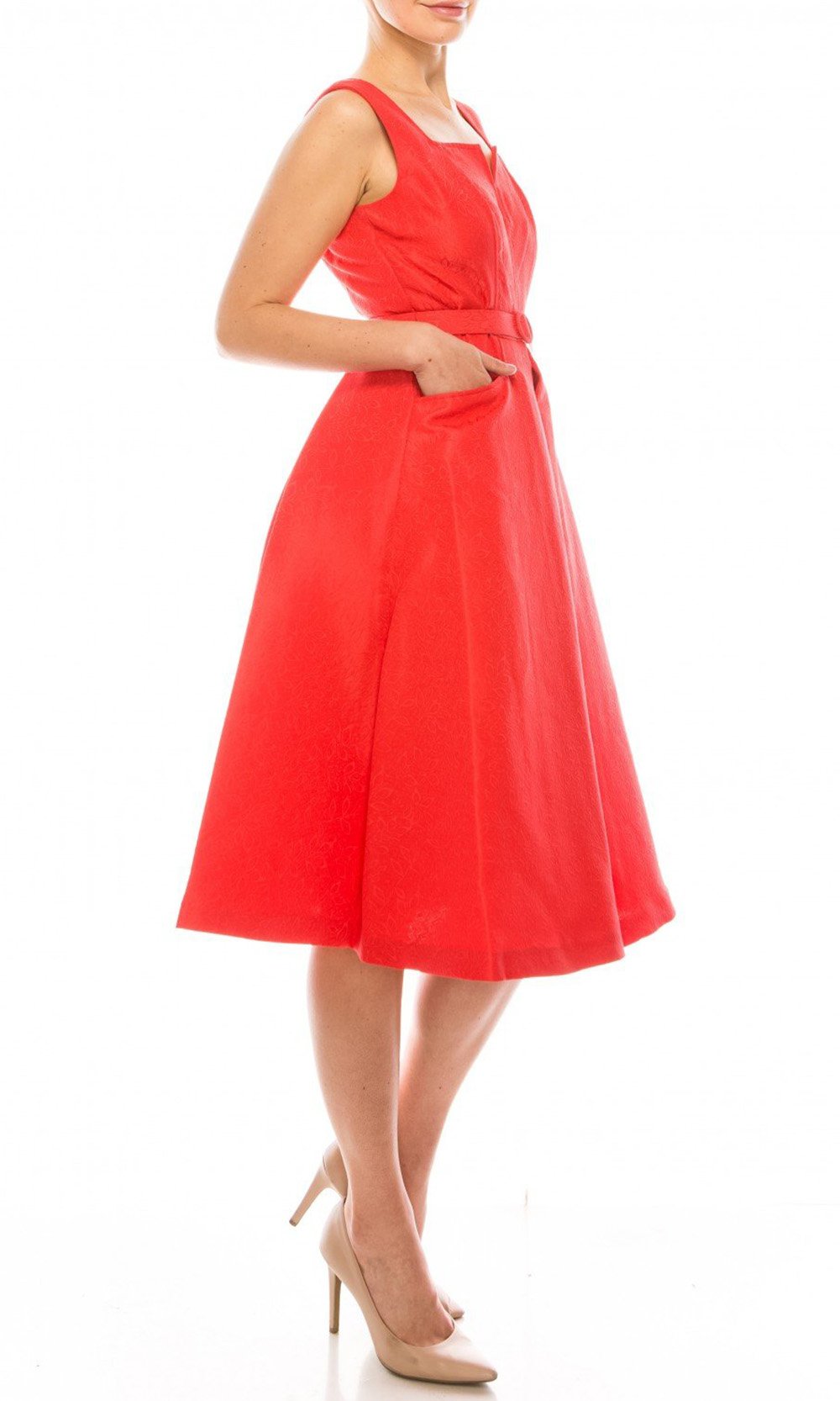 Gabby Skye - 57677MG Notched Square Neckline Jacquard Midi Dress In Orange