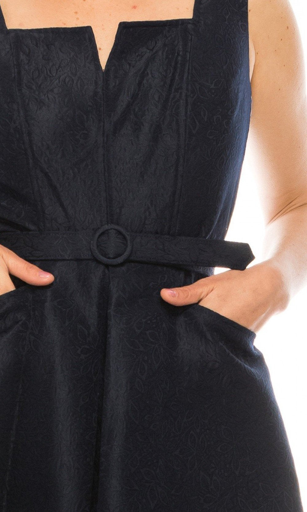 Gabby Skye - 57677MG Notched Square Neckline Jacquard Midi Dress In Blue