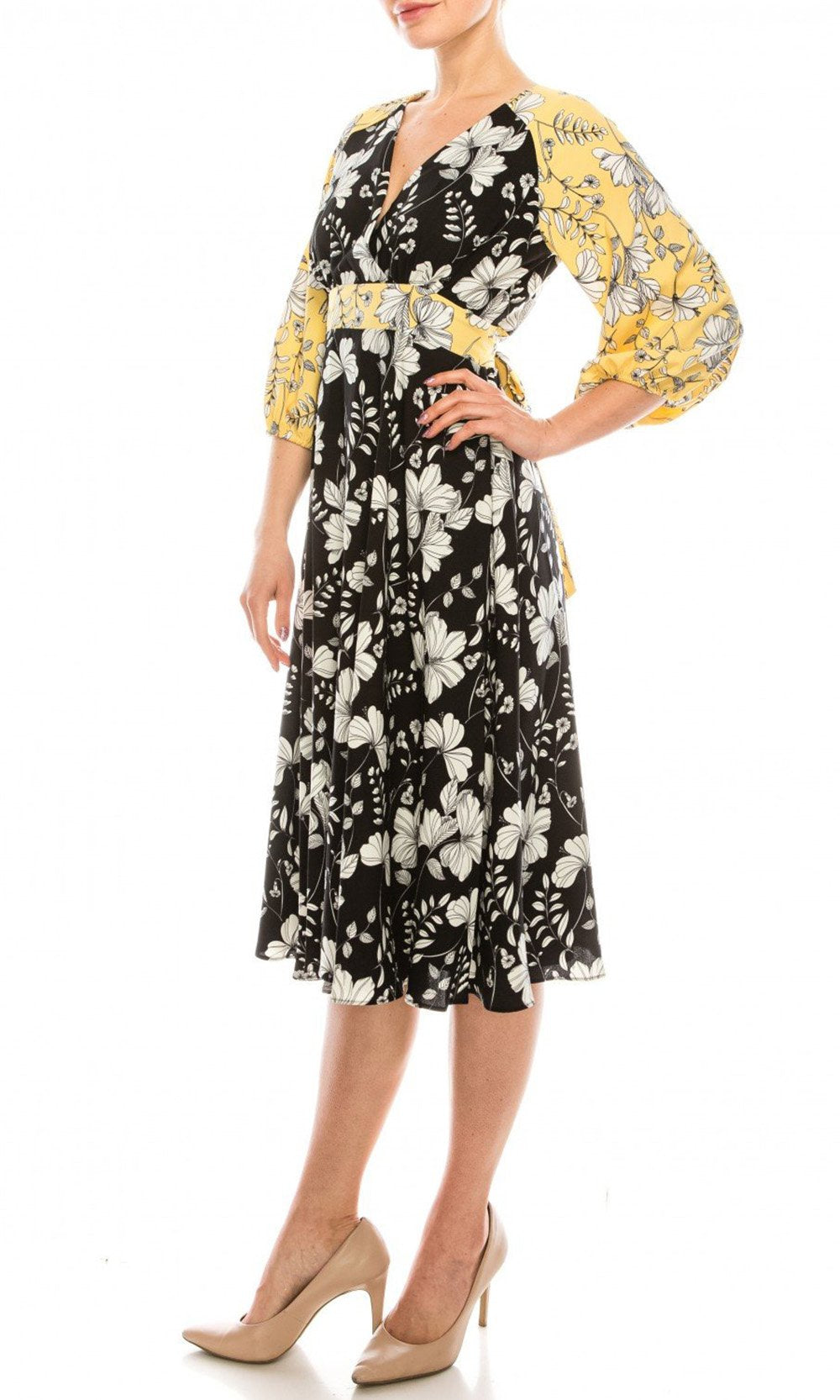 Gabby Skye - 91196MG Quarter Sleeve Floral Color Block A-Line Dress In Yellow and Black
