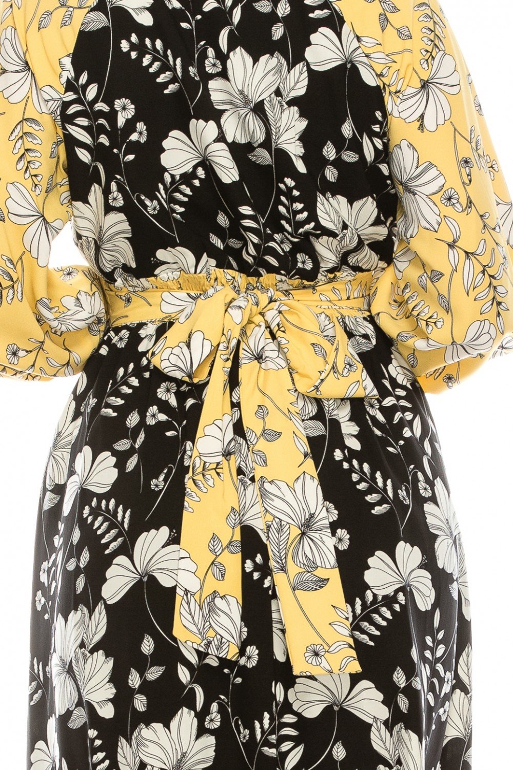 Gabby Skye - 91196MG Quarter Sleeve Floral Color Block A-Line Dress In Yellow and Black