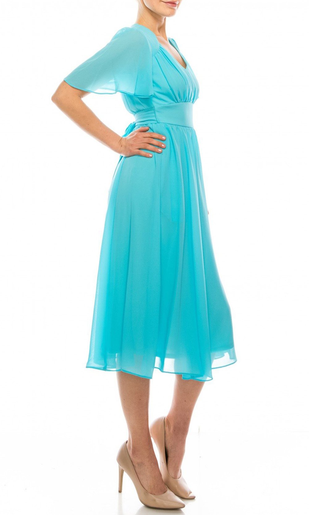 Gabby Skye - 91220MG Flutter Sleeve Chiffon A-Line Dress In Blue