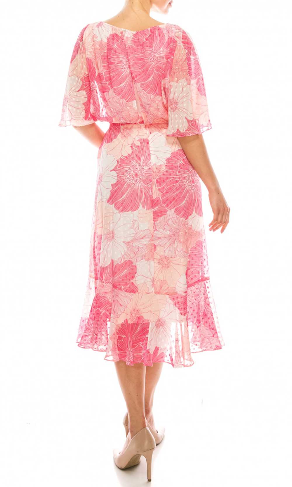 Gabby Skye - 95259MG Butterfly Sleeve Blouson Floral Chiffon Dress In Floral and Pink