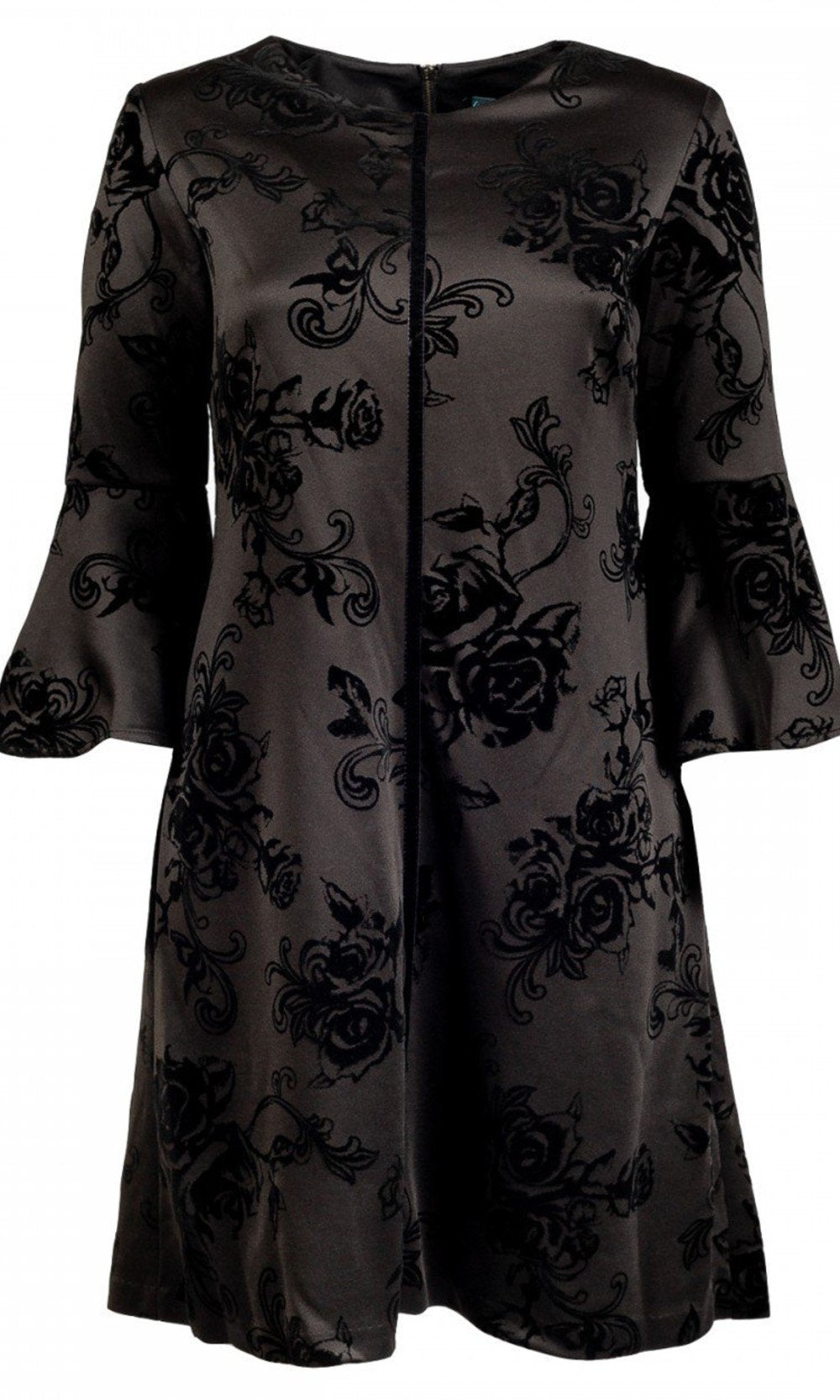 Gabby Skye - 18474M Floral Jacquard Bell Sleeve Seam Down Short Dress In Black