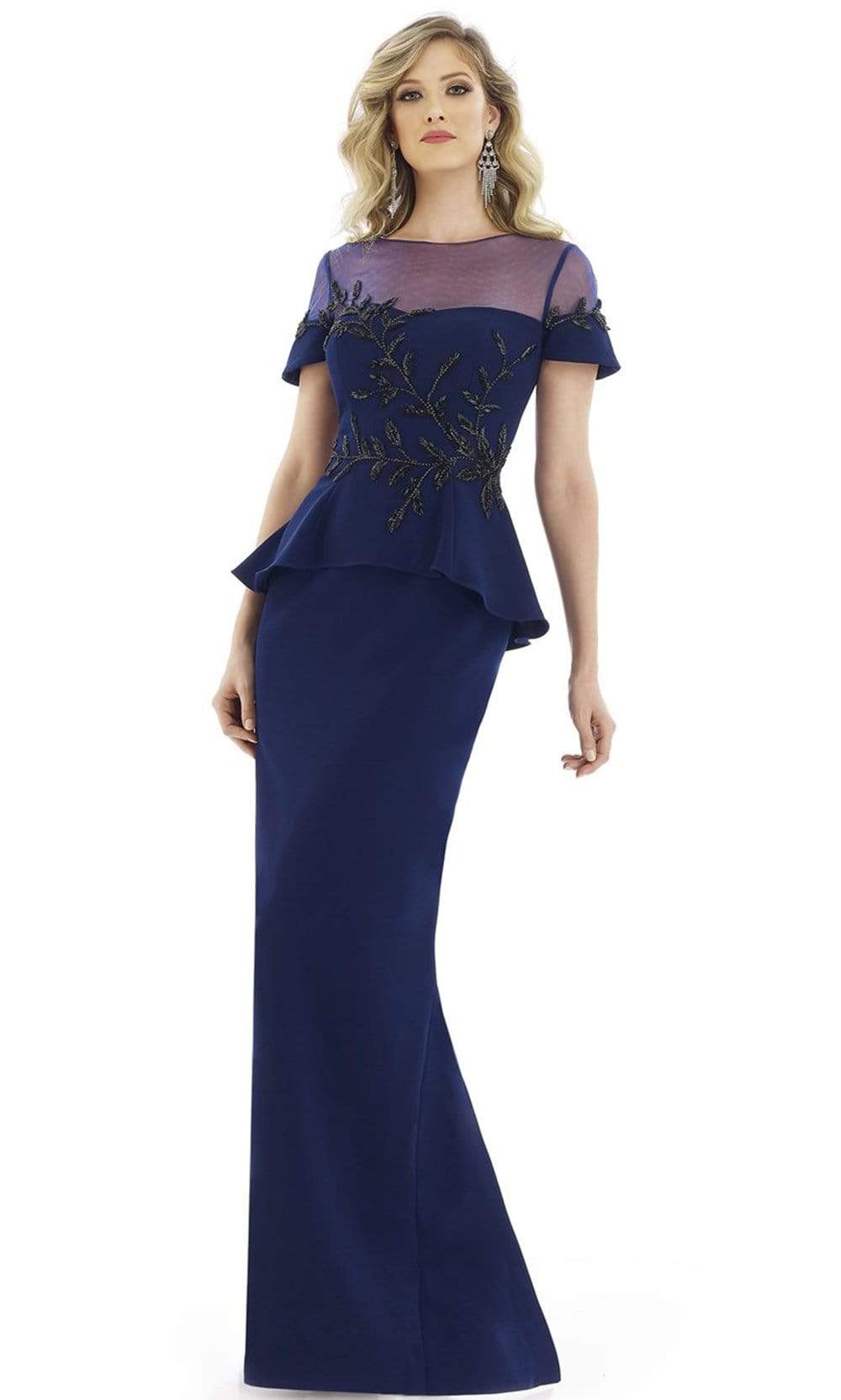 Gia Franco - 12987 Embellished Illusion Peplum Dress Evening Dresses 6 / Navy