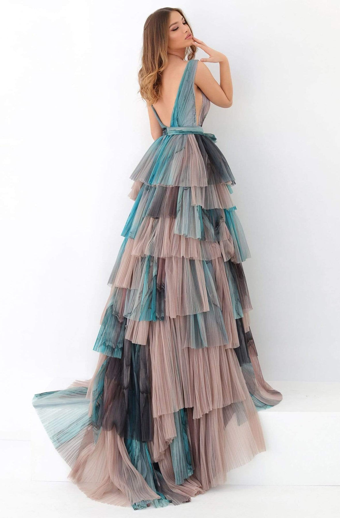 Tarik Ediz - 93896 Deep V-neck Layered A-line Dress Evening Dresses