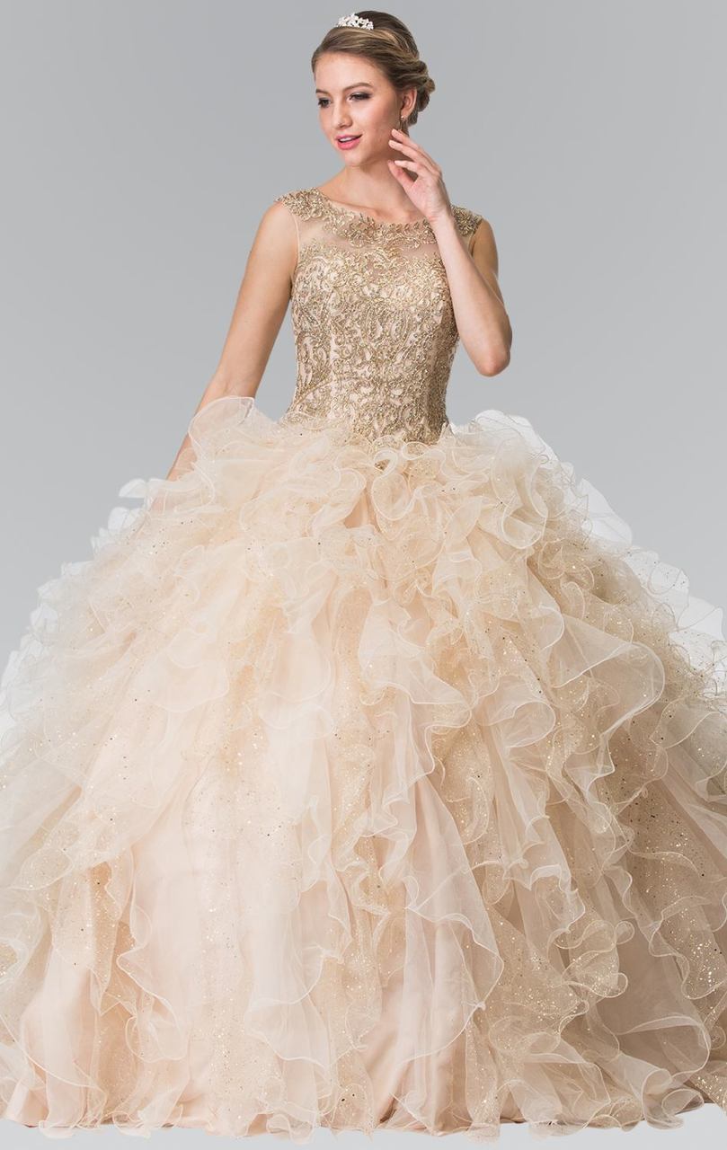 Elizabeth K - GL2208 Embellished Jewel Neck Ballgown Special Occasion Dress XS / Champagne