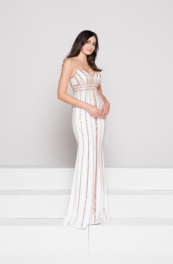 Glow by Colors - G766 Gilt Stripe Ornate Sheath Gown Special Occasion Dress 0 / Off White