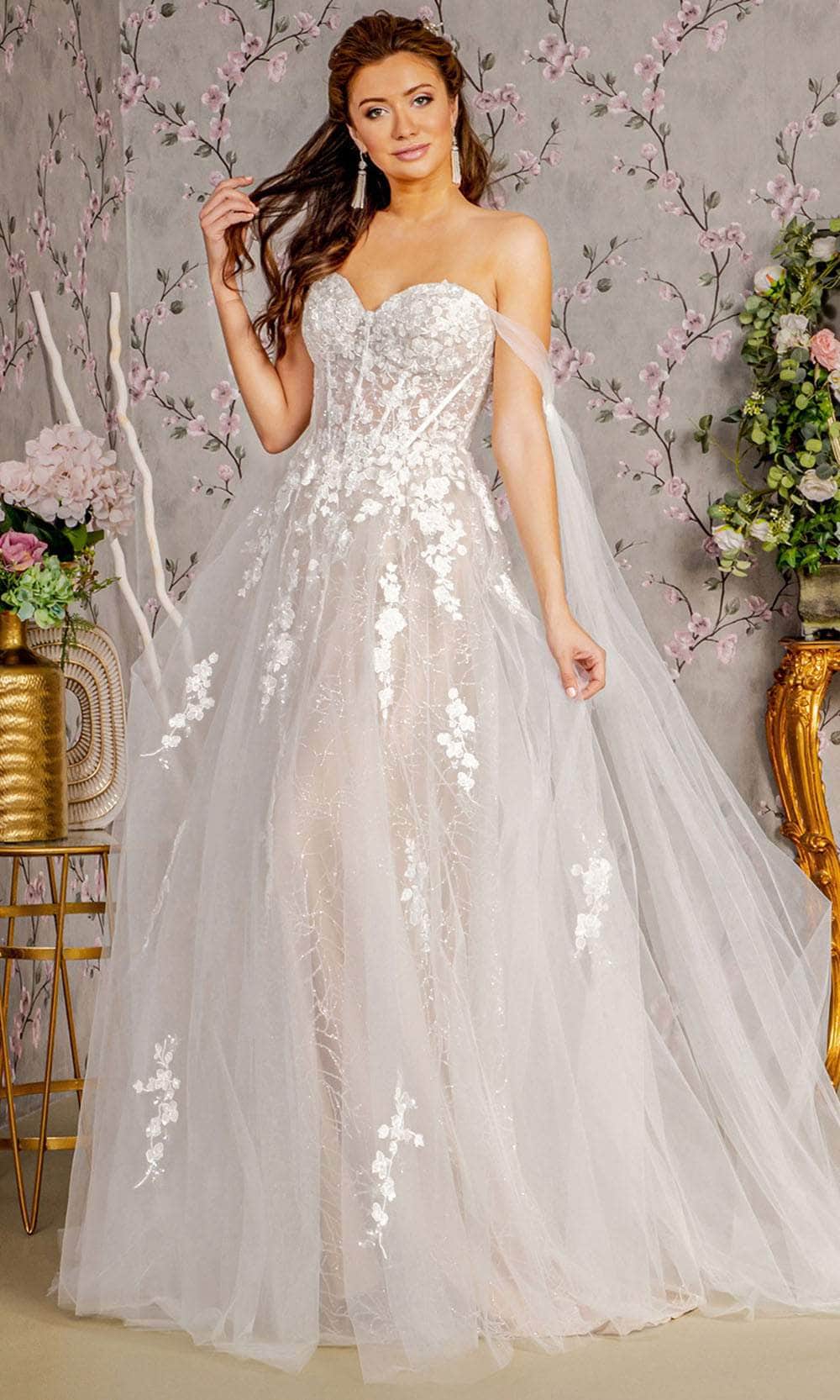 floral mesh wedding dress Floral Applique Off Shoulder Mesh Wedding Dress White / S