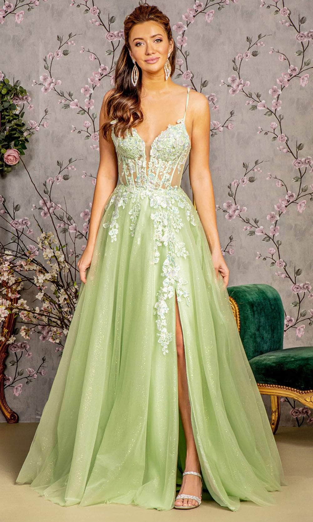 GLS by Gloria GL3212 - Long Mesh A-Line Dress - Sleeveless, Sheer Corset Bodice, Spaghetti Straps, Crisscross Back, Lace-Up Tie, Back Zipper Closure, Applique, Beaded, Embroideries, Glitter, Sequin ADASA GLS by Gloria GL3212 - Long Mesh A-Line Dress - Sleeveless, Sheer Corset Bodice, Spaghetti Straps, Crisscross Back, Lace-Up Tie, Back Zipper Closure, Applique, Beaded, Embroideries, Glitter, Sequin ADASA