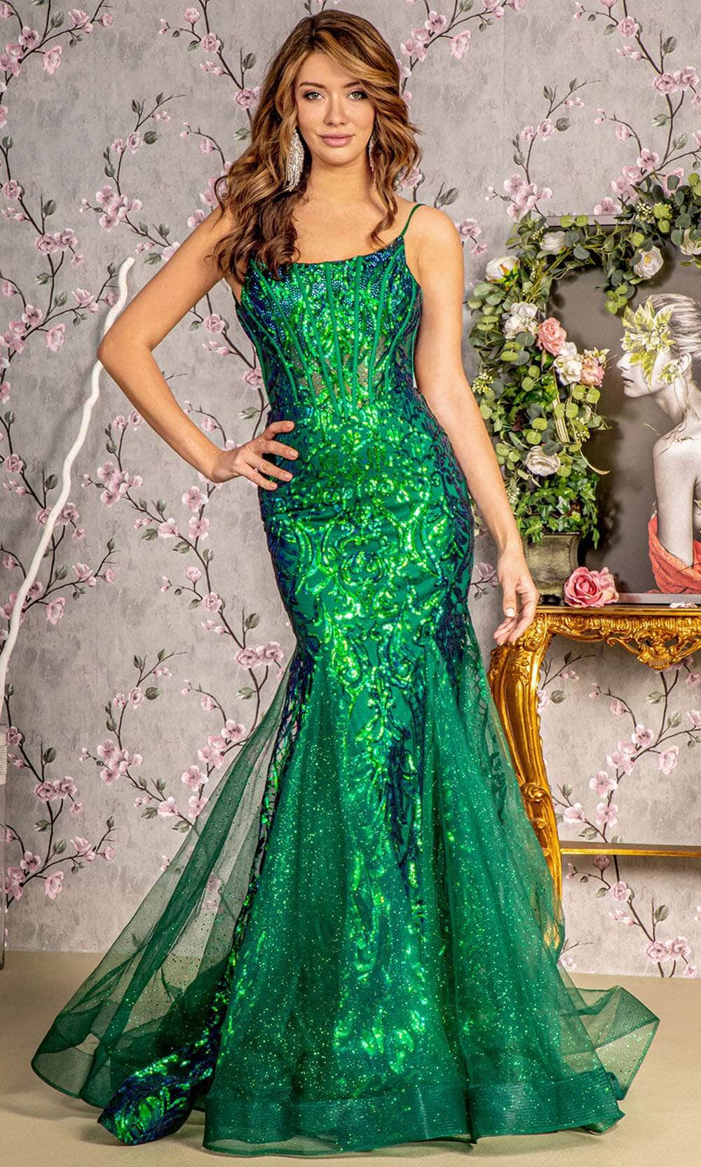 GLS by Gloria GL3230 - Long Mesh Trumpet Dress - Sleeveless, Corset Bodice, Glitter, Sequin, Lace-Up Tie, Back Zipper Closure, Horsehair Hem, Train ADASA GLS by Gloria GL3230 - Long Mesh Trumpet Dress - Sleeveless, Corset Bodice, Glitter, Sequin, Lace-Up Tie, Back Zipper Closure, Horsehair Hem, Train ADASA